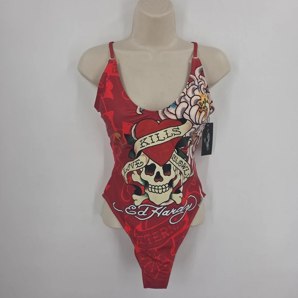 Y2K Ed Hardy Swimsuit Women L Red Love Kills Slowly One‎ Pc Tattoo Skull Graphic
